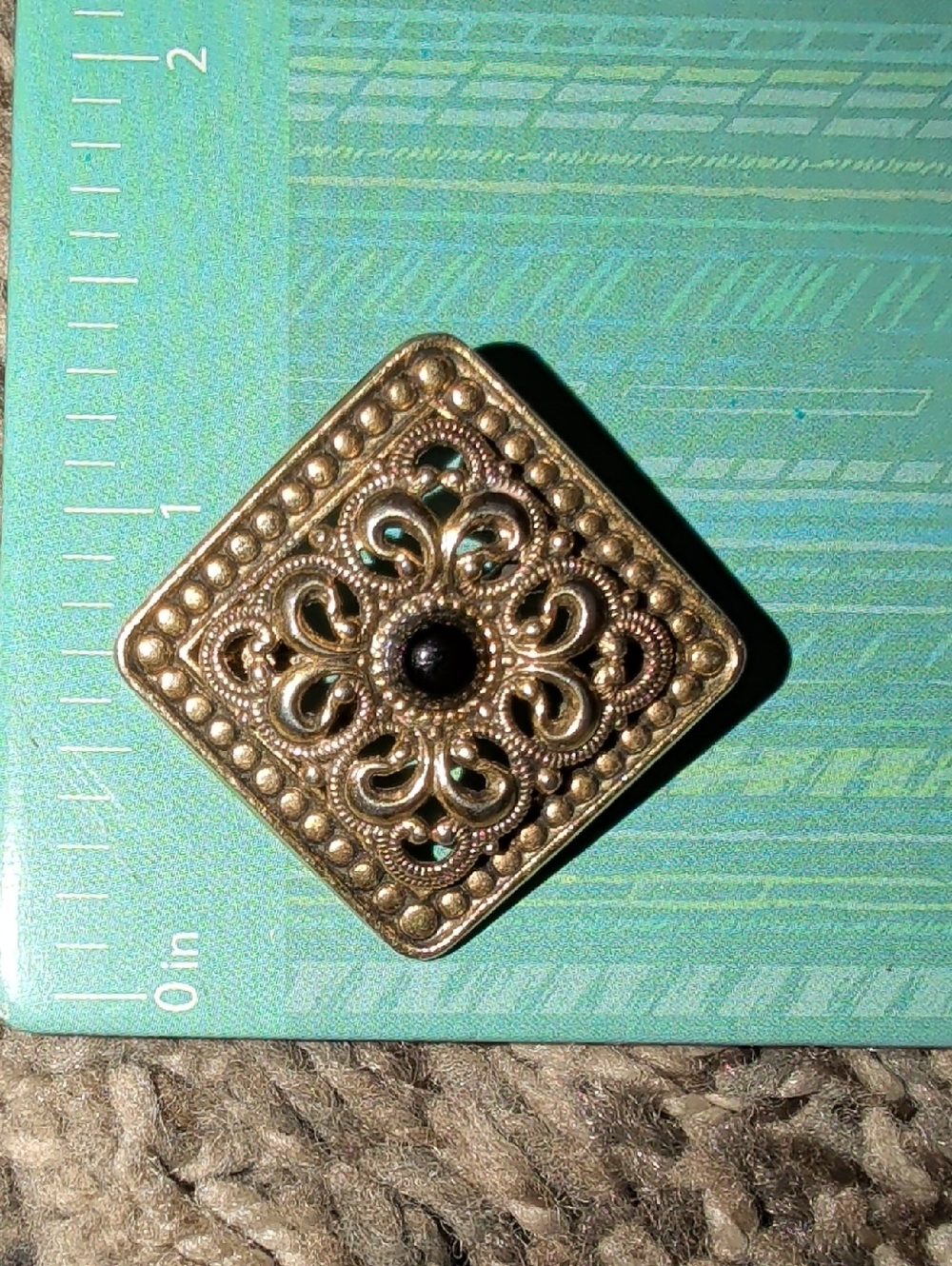 Vintage Freirich Filigree Square Brooch with Black Cabochon
